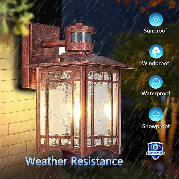 2 Pack Red Rustic Outdoor Wall Porch Lights - Motion Sensor, Dusk to Dawn, Waterproof, Anti-rust, Tempered Glass, 8x6x12 inches