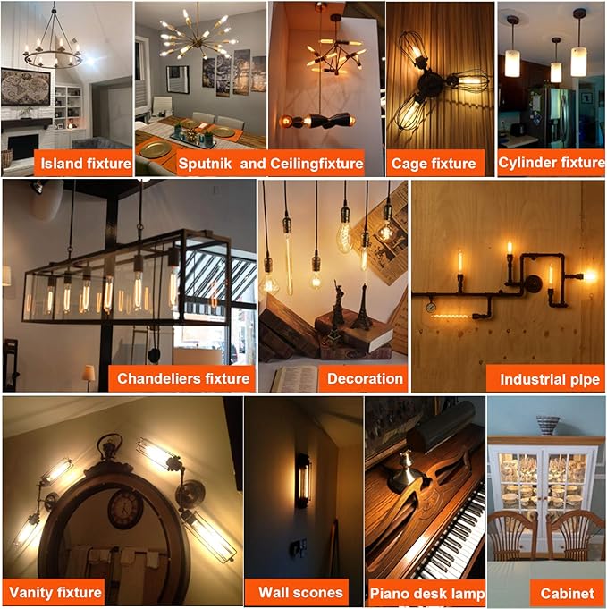 LiteHistory Dimmable E26 Edison Bulb 6W Equal 60 watt Light Bulb AC120V Warm White 2700K Edison Light Bulbs 60 Watt 600LM Tubular T10 led Bulb for Rustic Pendant,Chandeliers,Wall sconces,Vanity 6Pack