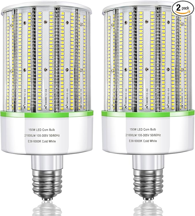 2 Pack 150W E39 Large Mogul Base LED Corn Cob Light Bulb, 21,000 Lumens 5000K Daylight, 800W MH/HPS Replace for Garage Warehouse High Bay Parking Lot Lighting
