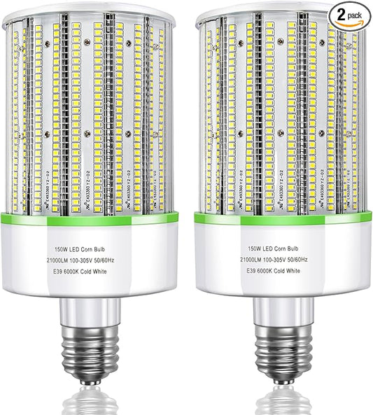2 Pack 150W E39 Large Mogul Base LED Corn Cob Light Bulb, 21,000 Lumens 5000K Daylight, 800W MH/HPS Replace for Garage Warehouse High Bay Parking Lot Lighting