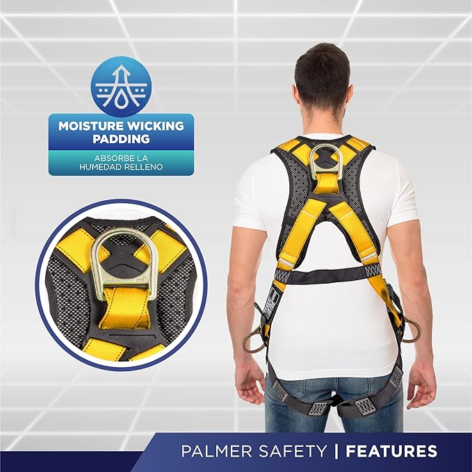 Palmer Safety Full Body Harness with 5 Point Adjustment, Dorsal D-ring, Grommet Legs, Two Side D Rings, and Fall Indicators