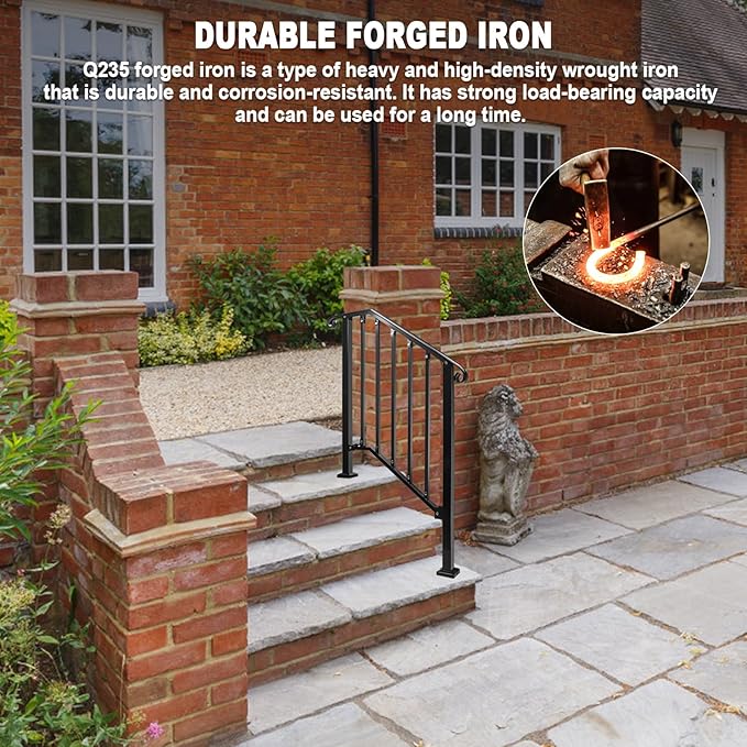 Adjustable Handrails for Outdoor Steps, Handrail Picket #2 Fits 2 or 3 Steps, Mattle Wrought Iron Handrail, Stair Rail with Installation Kit for Outdoor Steps