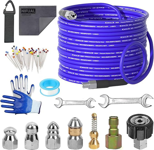 NIFUAL 200FT Sewer Jetter Kit for Pressure Washer, 5800PSI Drain Cleaner Hose 1/4 Inch NPT Corner, Rotating and Button Hose Sewer Jetting Nozzle Waterproof Tape Pearl Corsage Pin Spanner Glove