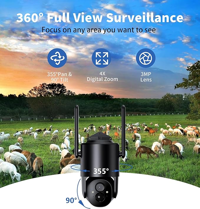 4G LTE Cellular Security Camera: No WiFi Security Camera Outdoor Solar Built-in SIM Card 2K Home Cameras System Wireless Outside Battery Powered with 360° Live View Color Night Vision Motion Detection