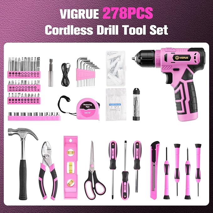 VIGRUE Tool Set with 8V Cordless Drill, Tool Kit with Drill, ToolBox for Men & Women, Home Hand Drill Set for Handyman, DIY (pink) 278 PCS