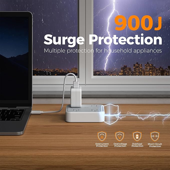 Surge Protector Long Extension Cord 25FT, TESSAN Flat Plug Power Strip with 4 Outlets 3 USB Ports (1 USB C), 900 Joules Protection, Multiple Wall Outlet Extender Suitable for Home Office Dorm, Grey