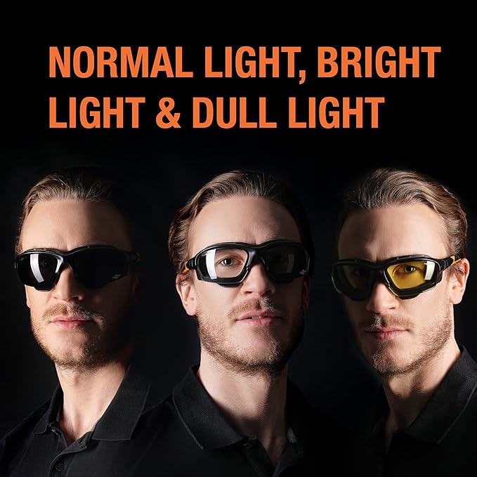ToolFreak Spoggles Safety Glasses, Clear, Smoke and Yellow Tinted Polycarbonate Lens Mega Bundle Offer, Foam Padded, ANSI z87 Rated with Impact and UV Rating