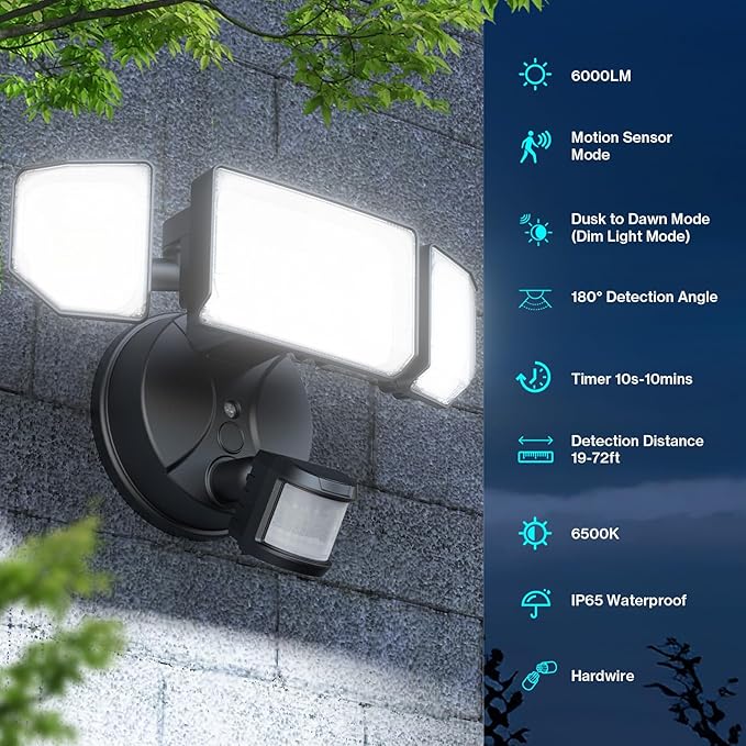 60W Motion Sensor Outdoor Lights, 6000lm Dusk to Dawn Flood Lights Outdoor Motion Sensor, IP65 Waterproof LED Security Lights Motion Outdoor, 6500K Motion Detector Lights for Outside, Yard (Black)
