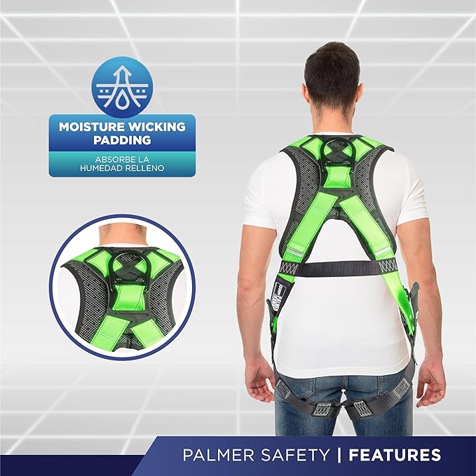 Palmer Safety Full Body Harness with 5 Point Adjustment, Dorsal D-ring, Grommet Legs, Two Side D Rings, and Fall Indicators