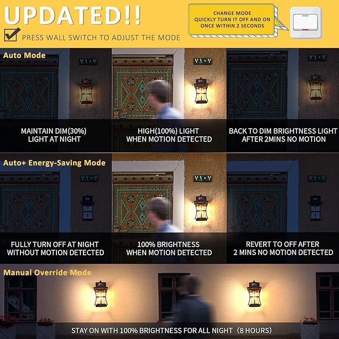 2 Packs Motion Sensor Outdoor Wall Lights - Upgrade Dusk to Dawn Porch Lighting, LED Exterior Lantern Fixture Wall Sconce, Waterproof Outside Light For House, Black Anti-Rust Lamp For Garage Doorway