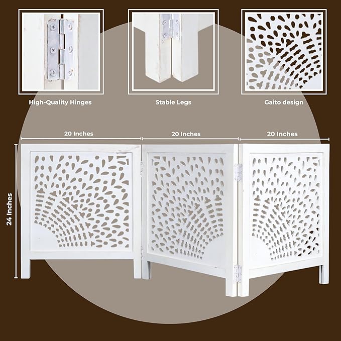 Wooden Dog Gate 20" Wide x3 Panels,White Wash Color, Total 60 inch Wide, Foldable Free Standing Dog Gate Indoor,Dcorative Gates Doorways, 3 Panels Pet Gate Extra 24" Height Bedding Craft