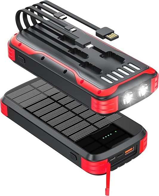 Solar Charger Power Bank, 40000mAh Portable Phone Charger Built in 4 Cables with USB C in/Output, PD 20W Fast Charging Portable Charger, External Battery Pack with Dual Bright Flashlights