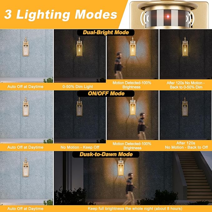 Motion Sensor Outdoor Wall Lights 2 Pack - Gold Dusk to Dawn Light Fixtures, Modern Exterior Wall Sconces, Large Outside Lamps for House, Garage Wall Lanterns 16"