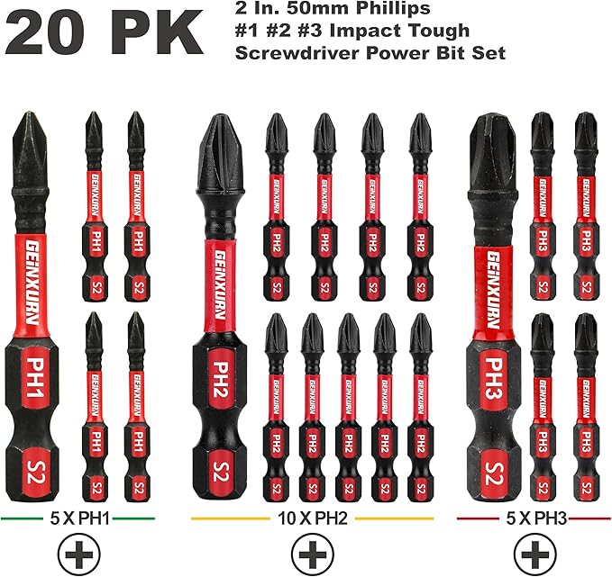 Anti-Slip Hex PH1/PH2/PH3 Insert Driver Bits 20 Pack 2 in. Impact Tough Magnetic Screwdriver Bits Set, 1/4 Inch Hex Shank Phillips Cross Screwdriver Bits Set