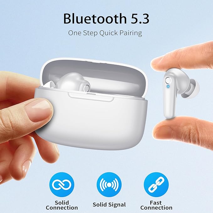 Wireless Ear Buds Bluetooth 5.3 60H Using Time Headphones Deep Bass Clear Call Earbuds with Built-in Mic Touch Control Lightweight Headsets for Studying Working Gaming White