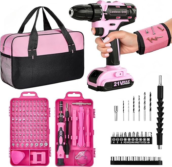 Pink Cordless Drill Set 142 Pcs, 21V Pink Power Drill Tool Set Kit with Storage Bag, Electric Drill Set for Women, Precision Screwdriver set, Magnetic Tool Belt, for Home DIY Projects