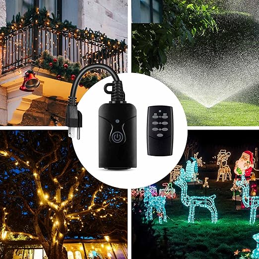 HBN Outdoor Indoor Wireless Remote Control 3-Prong Outlet Weatherproof Heavy Duty 15 A Compact 1 Remote 3 Outlets with Remote 6-inch Cord 100ft Range ETL Listed (Battery Included)