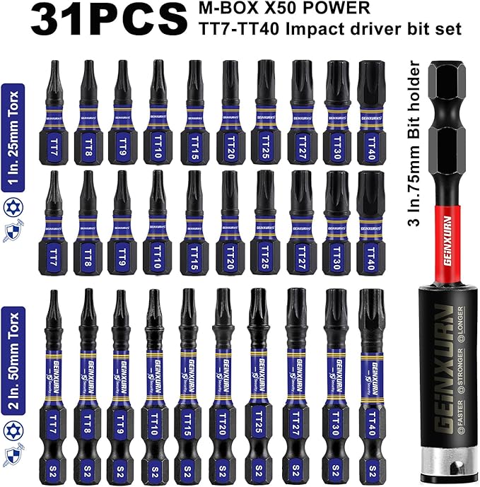 30Pieces Impact Security Torx(T7-T40) Screwdriver Bit Set, Magnetic Multi-Hollow Torx Head Bits, S2 Alloy Steel Star Bits with 1Pc Impact Bit Holder and Storage M-Box
