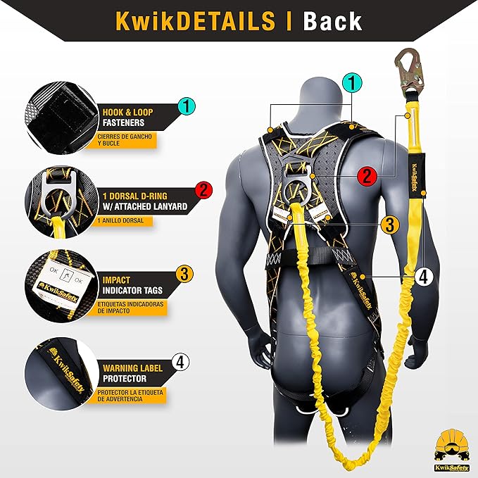 KwikSafety - SCORPION Safety Harness [w/Attached 6ft Lanyard] Safety Harness Fall Protection Kit ANSI OSHA