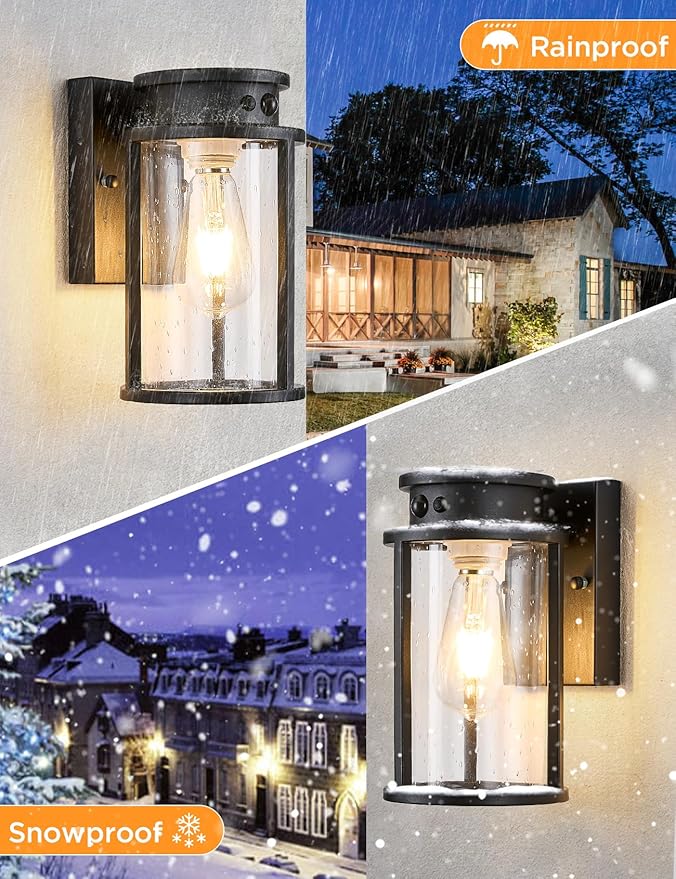 Solar Outdoor Wall Light Motion Sensor Outside Wall Lamp Dusk to Dawn Exterior Light Fixtures Wall Mount Outside Coach Light with Seeded Glass Porch Light IP65 for House Patio