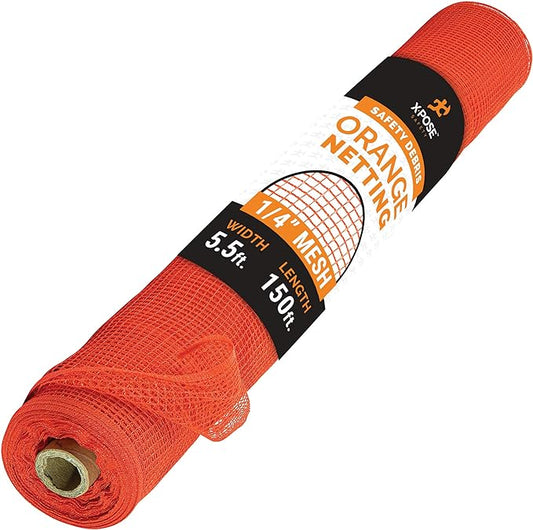 Construction Safety Debris Netting - 150 Ft Temporary Material Roll, 1/4" Mesh Scaffold Net Enclosure, Barricade, Visibility Barrier, Fencing Roll, Heavy Duty Fire Retardant 5.5 ft x 150 ft, Orange
