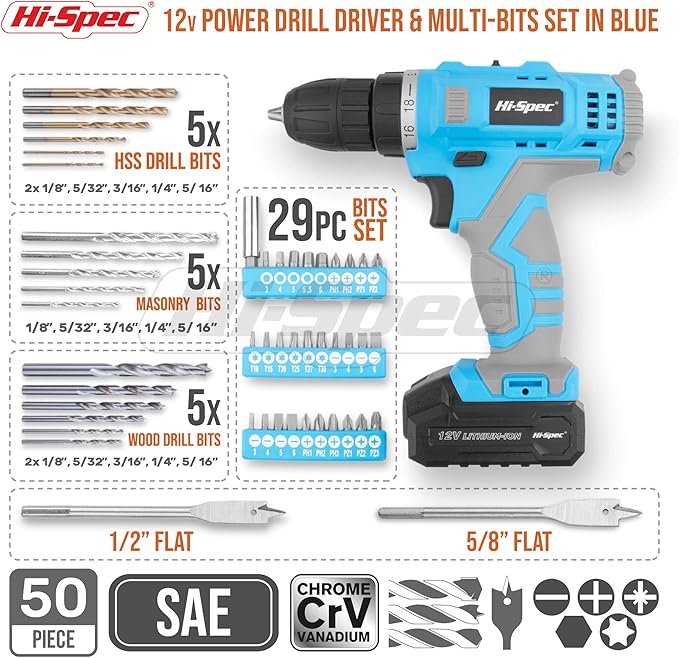 Hi-Spec Cordless Drill Set 50pc 12V Electric Power Driver in a Toolbox Case. Includes Rechargeable Battery, Power Screwdriver Bits, Wood, Metal, and Masonry Drill Bit Set Accessories