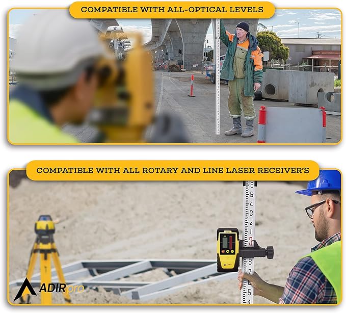 AdirPro 14-Foot Aluminum Grade Rod – 10ths, Dual Sided 4-Section Telescopic Leveling Rod – Bubble Level and Soft Carrying Case Included