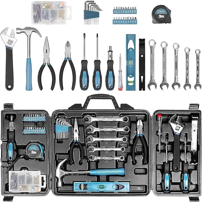 Tool Kit for Home, 144 Piece Hand Tool Set with Storage Box, General Basic Repair Tool Set with Hammer, Pliers, Wrenches, Voltage Tester, Measure Tape, Screwdriver Bits