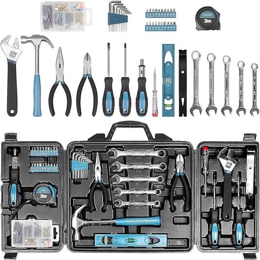 Tool Kit for Home, 144 Piece Hand Tool Set with Storage Box, General Basic Repair Tool Set with Hammer, Pliers, Wrenches, Voltage Tester, Measure Tape, Screwdriver Bits