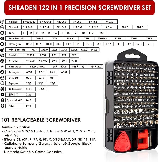 SHARDEN Precision Screwdriver Set, 122 in 1 Electronics Magnetic Repair Tool Kit with Case for Repair Computer, iPhone, PC, Cellphone, Laptop, Nintendo, PS4, Game Console, Watch, Glasses etc (Red)