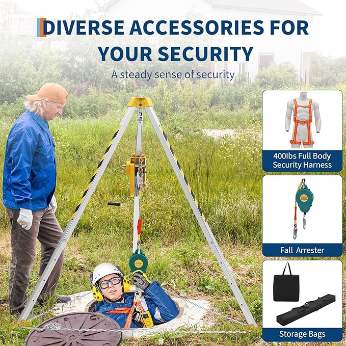 Confined Space Tripod Kit, 1200 Lbs Winch, 8' Legs & 98' Cable, Steel Confined Space Rescue Tripod with 33' Fall Protection, Harness, Storage Bag for Traditional Confined Spaces Safety