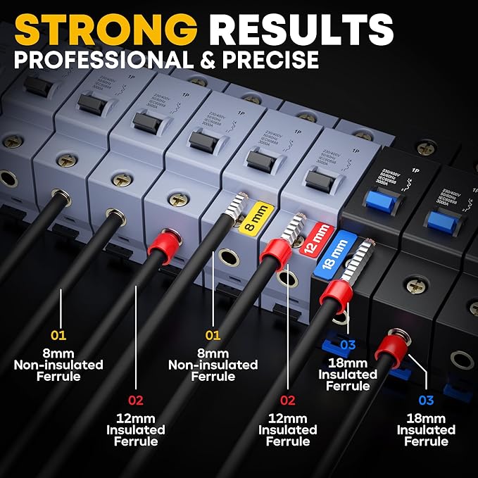 Ferrule Crimping Tool Kit, Ratchet Pliers for 24-8 AWG with 24 Types Insulated and Non-Insulated Ferrules, Hexagon Ferrule Crimper, Wire Ferrules Kit, Crimping Pliers set with Wire Strippers