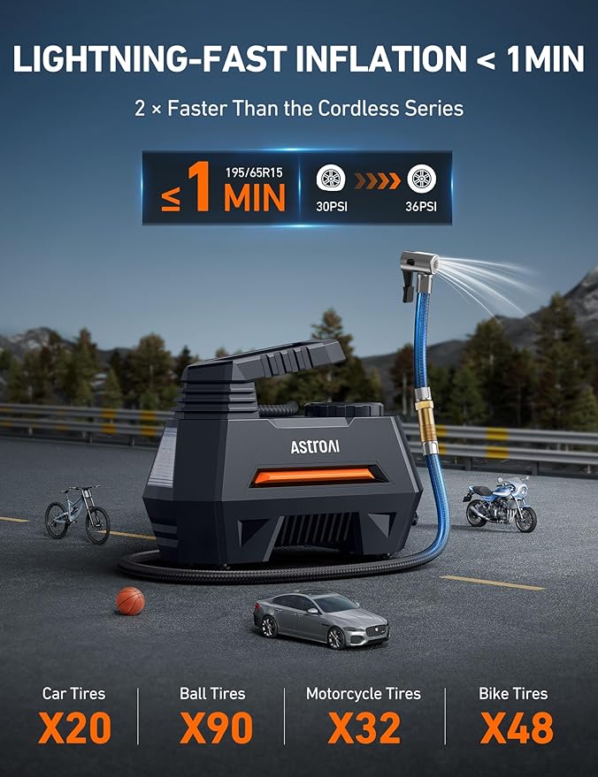 AstroAI Tire Inflator Portable Air Compressor Tire Air Pump for Car Tires - Car Accessories, 9.8Ft 12V DC-Powered Auto Pump with Digital Pressure Gauge, LED Light for Bicycle, Balloons, Orange
