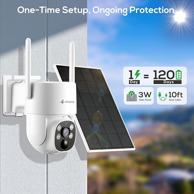Kittyhok PT Solar Camera Security Outdoor | 2K FHD Security Camera Wireless Outdoor, Solar Battery Powered, Color Night Vision, Smart Detection, IP66 Weatherproof, Local Recording for Home Security