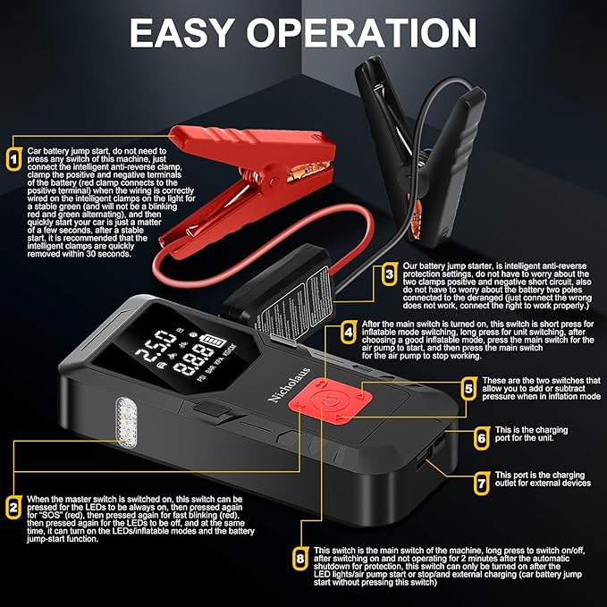 12 V Car 8000 mAh Battery Jump Starter 2800A with 150psI Air Compressor, Safe Smart Light and Practical Edition QB08L, Portable Jump Box and Charger for 6.0L Gas and 3.0L Diesel Engines.