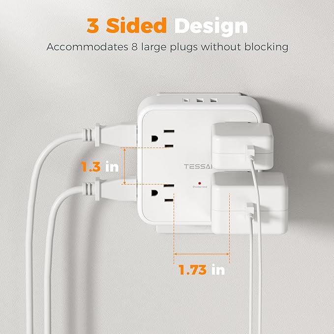 Multi Plug Outlet Extender, TESSAN Wall Surge Protector Plug Extender with 8 Sockets, Multiple Outlet Splitter with 3 USB Ports (1 USB C), Power Socket Expander with Switch for Home, Dorm, White