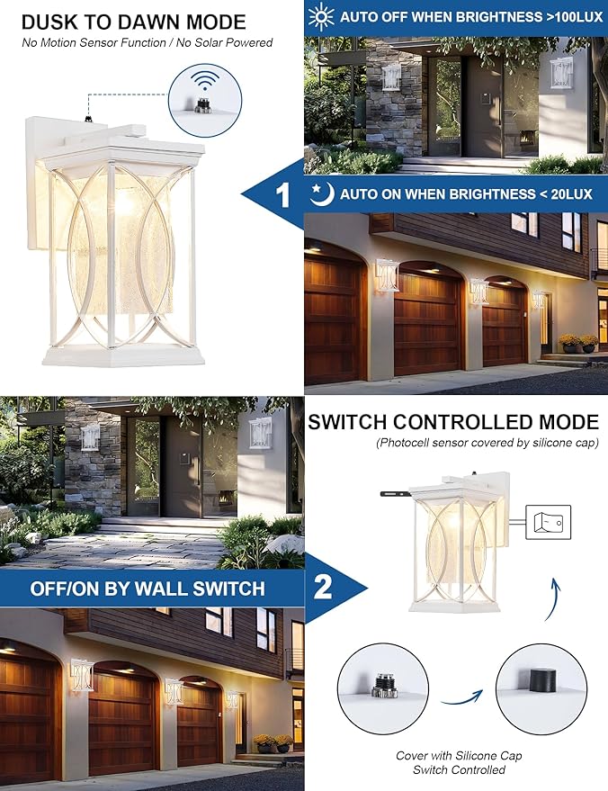 White Outdoor Sconce Dusk to Dawn Exterior Light Fixtures Wall Mount Porch Light Modern Outdoor Wall Light Aluminum with Crack-Like Glass IP65 Waterproof Outside Coach Light for House