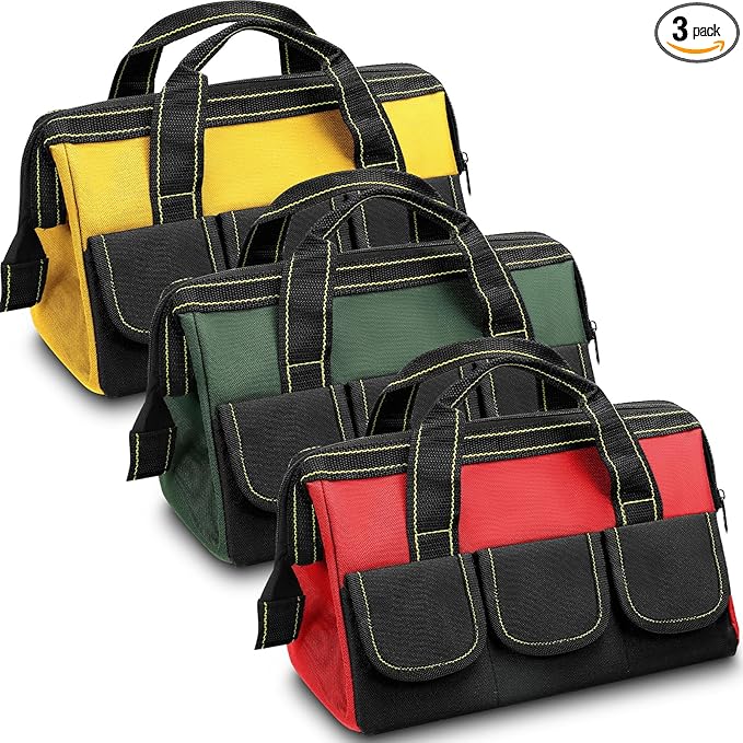 Sanwuta 3 Pack Tool Bag for Men with Waterproof Hard Bottom, Heavy Duty Tool Bag Wide Mouth Tote for Various Instrument, Electrician Carpenter Mechanic(13 Inch,Red, Army Green, Yellow)