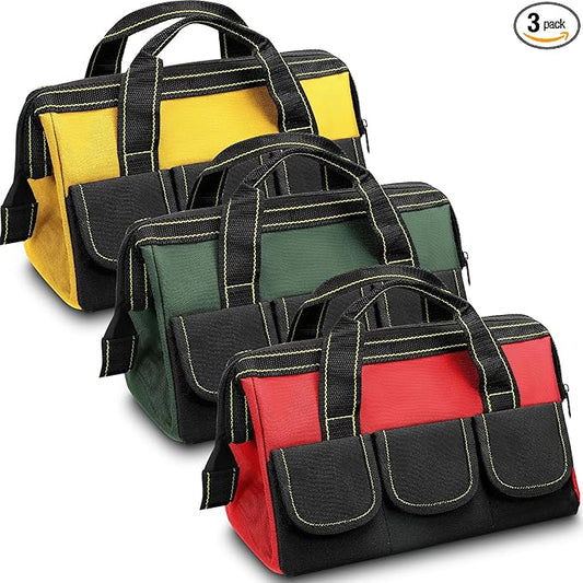Sanwuta 3 Pack Tool Bag for Men with Waterproof Hard Bottom, Heavy Duty Tool Bag Wide Mouth Tote for Various Instrument, Electrician Carpenter Mechanic(13 Inch,Red, Army Green, Yellow)