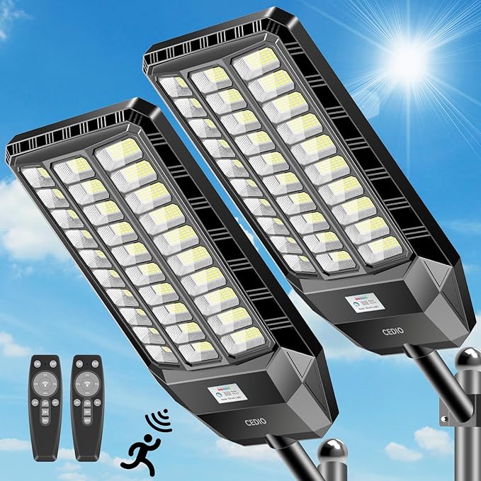 CEDIO Solar Street Lights Outdoor, 9800W Solar Lights Outdoor, 450000 Lumens LED Street Light Waterproof IP67 Dusk to Dawn,LED Flood Light with Motion Sensor (9800w-2PC)