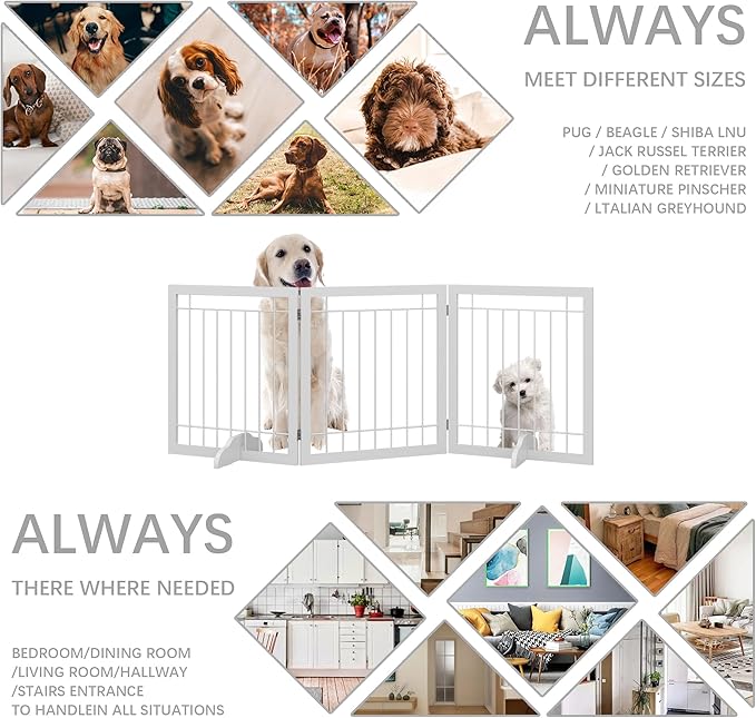 JSB 72-inch Extra Wide 28-inch Tall Dog gate, Freestanding Pet Gate for Halls, Stairs & Home, Pet Puppy Safety Dog Fence with 2PCS Support Feet (White)