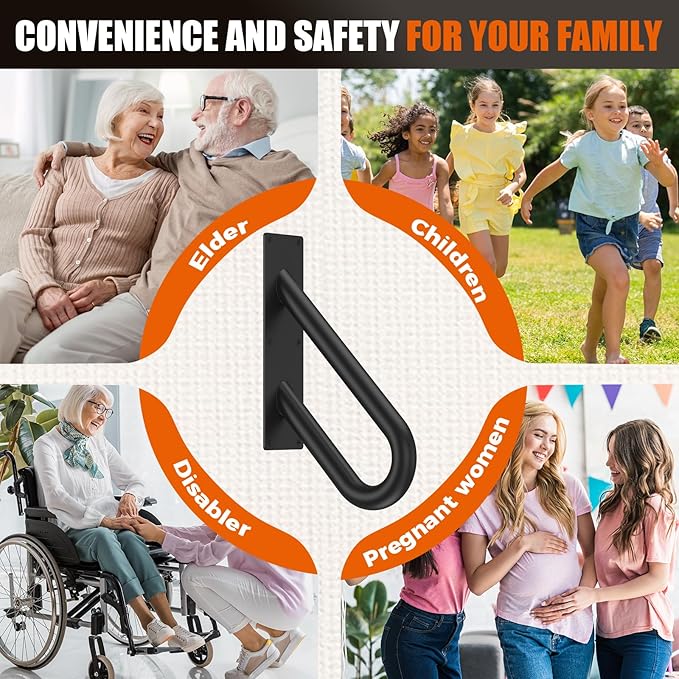 GORWARE Handrails for Outdoor Steps,18" U-Shaped Handrail Wall Mount with Matte Black Finished,1-3 Steps Railings,Safety Grab Bar for Outdoor Indoor Stairs, Garage, Porch, Toilet, Yard and Garden.