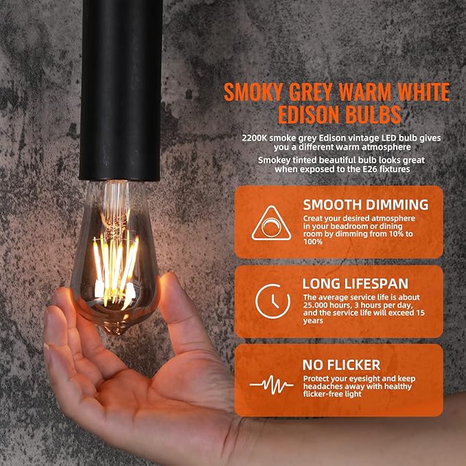 OMED LED Edison Vintage Light Bulbs 40 Watt Equivalent E26 Base 2200k Warm White Dimmable ST64 Smoke Grey Glass 40w Energy Saving Ideal Dining Rooms Durable Light for a Cozy Atmosphere 6 Pack