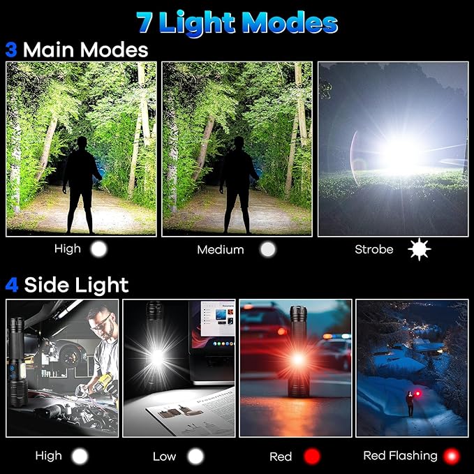 2 Pack Rechargeable Flashlights 90000 High Lumens, Super Bright Flash Light with 7 Lighting Modes, 24 Hours Long Life Powerful Flashlight with Side Light, IPX7 Waterproof Flashlight for Camping Home