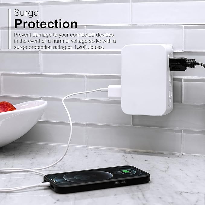GE Pro 6-Outlet Extender, Surge Protector, Side Access, Wall Tap Adapter, 3-Prong, 1200 Joules, Warranty, UL Listed, White, 10353