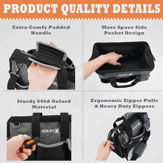 14-inch Tool Bag, Portable Tool Box Organizer Storage, Wide Mouth Tool Tote Bag with Large Zipper, 14-Pocket Adjustable Shoulder Strap and Ergonomic Handle (14" Standard Base)