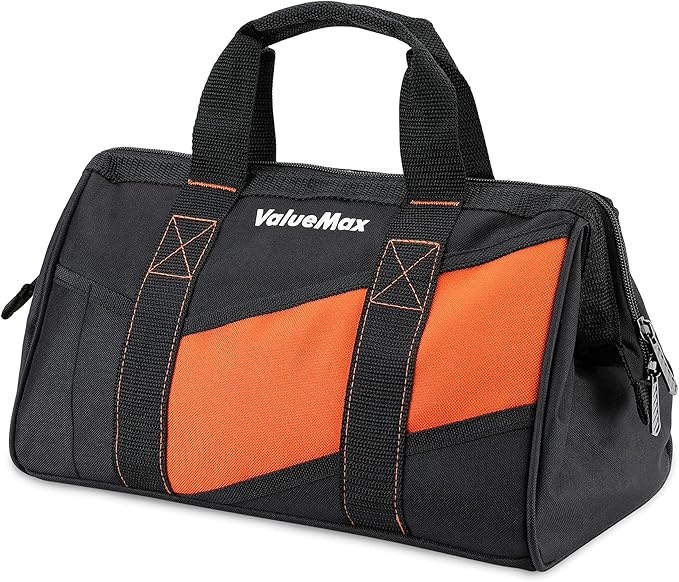 ValueMax 13-Inch Small Tool Bag, Wide Mouth Tool Bag with 12 Storage Pockets, Heavy Duty Orange Tool Tote Organizer
