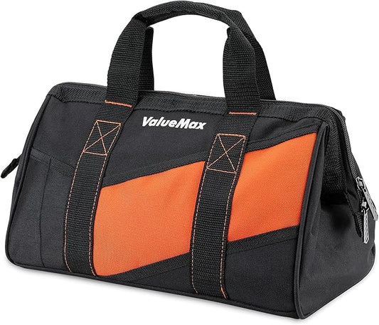 ValueMax 13-Inch Small Tool Bag, Wide Mouth Tool Bag with 12 Storage Pockets, Heavy Duty Orange Tool Tote Organizer