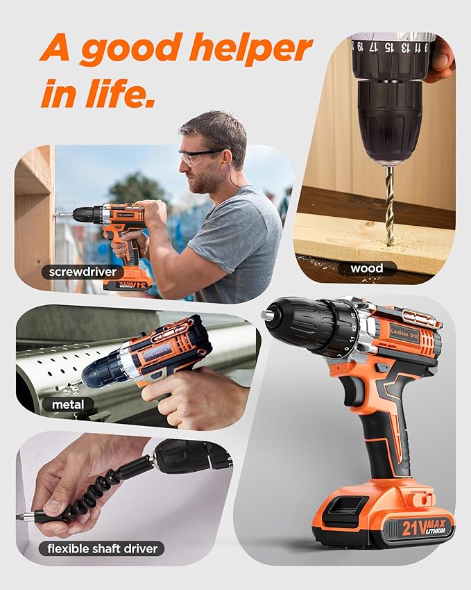 Drill, 21V Cordless Drill with Dual 2.0Ah Power Pack and Charger, Electric Power Drills Set, 3/8 Inch Chuck, 25+1 Torque, 2 Speed 29 Accessories Tool for DIY, Gifts