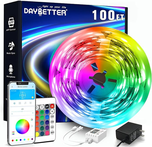 DAYBETTER LED Strip Lights 100ft RGB Lights Strip for Bedroom, Desk, Indoor Room Living Room Brithday Gifts Home Decor with Remote, 24V Power Supply